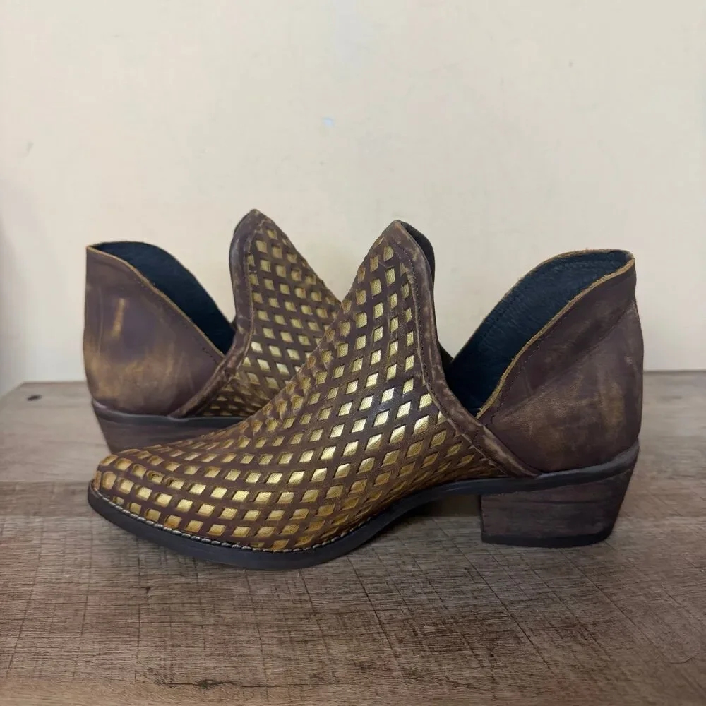 Musse & Cloud booties leather brown gold lazer cut western size US 6 shoes boots